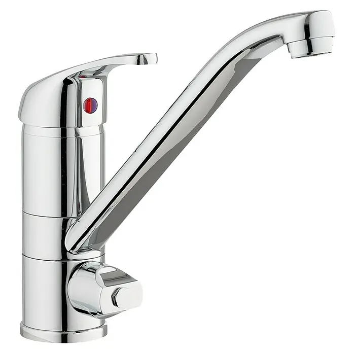 Camargue Spültischarmatur Ultra - Chrom, Glänzend, Schwenkbar - Ein glänzender Chrom-Küchenarmatur mit einem eleganten, gebogenen Auslauf und einem roten Punkt zur Temperaturanzeige.