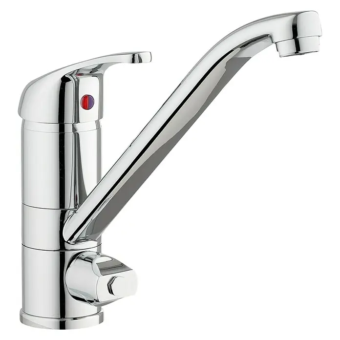 Camargue Spültischarmatur UltraChrom, Glänzend, Schwenkbar - Ein glänzender Chrom-Küchenarmatur mit einem eleganten, gebogenen Auslauf und einem roten Punkt zur Temperaturanzeige.