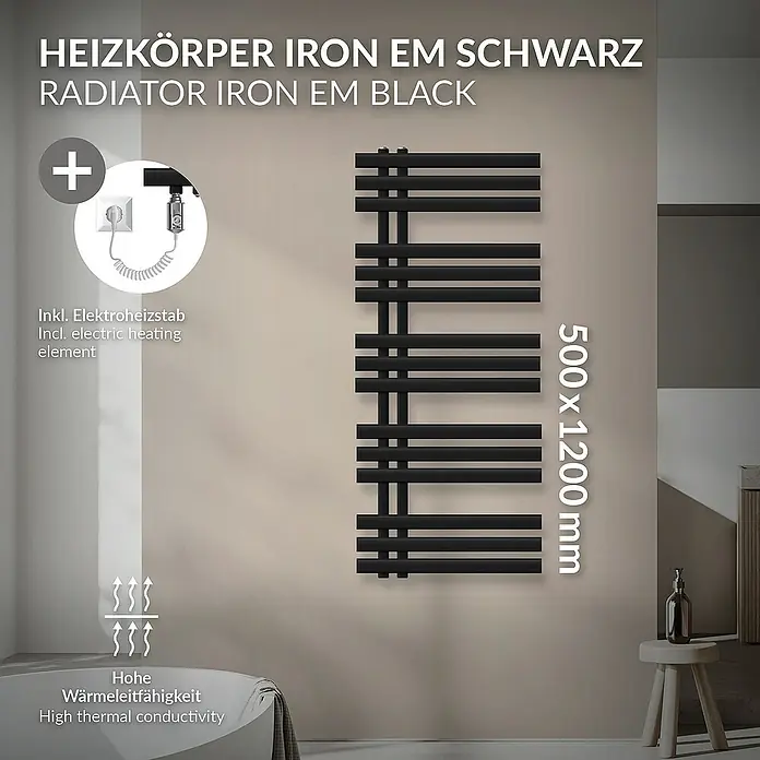 LuxeBath Elektro-Badheizkörper Design Handtuchheizkörper Handtuchwärmer Elektrisch mit Heizstab 900W - B x H: 50 x 120 cm - Heizkörper IRON EM SCHWARZ mit Elektroheizstab, hohe Wärmeleitfähigkeit, Abmessungen 500 x 1200 mm, stilvolle Ergänzung für jedes Badezimmer.