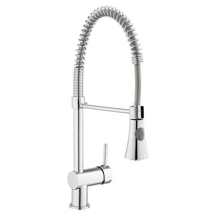 Camargue Merida Spültischarmatur - Ausziehbar, Chrom, Glänzend - Bild einer verchromten Küchenarmatur mit Spiralfeder-Design, das eine moderne Ästhetik und flexible Funktionalität vereint.