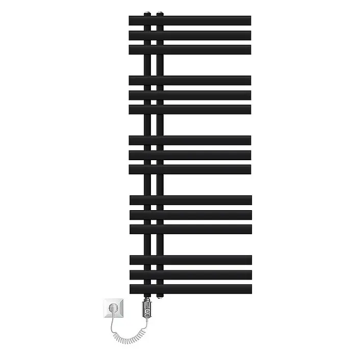 LuxeBath Elektro-Badheizkörper Design Handtuchheizkörper Handtuchwärmer Elektrisch mit Heizstab 900W - B x H: 50 x 120 cm - Schwarzer Badheizkörper mit horizontalen Stäben und seitlichen vertikalen Stützen. Ein spiralförmiges Kabel verbindet ihn mit einer Steckdose.