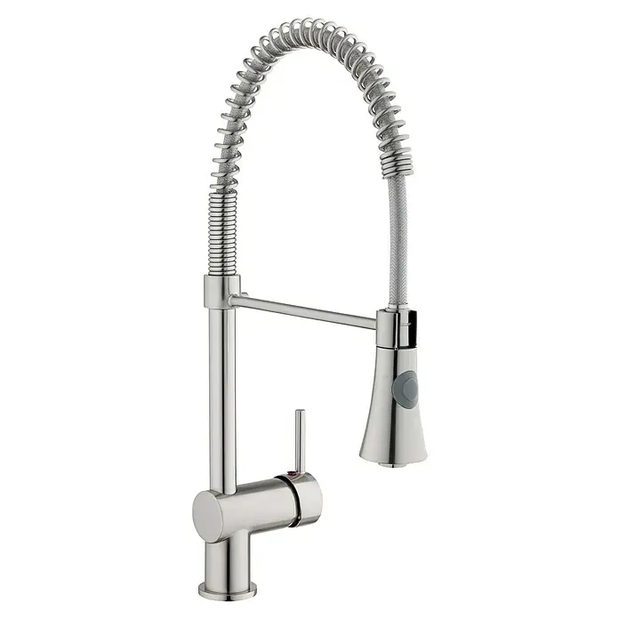 Camargue Merida Spültischarmatur - Ausziehbar, Edelstahl, Matt - Hier ist eine glänzende Küchenarmatur mit spiralförmigem Auslauf für moderne Küchen, die Komfort und Stil vereint.