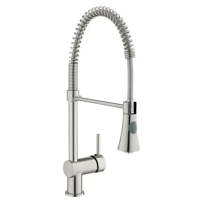 Camargue Merida SpültischarmaturNiederdruck, Edelstahl, Matt, Brausestrahl - Hier ist eine glänzende Küchenarmatur mit spiralförmigem Auslauf für moderne Küchen, die Komfort und Stil vereint.