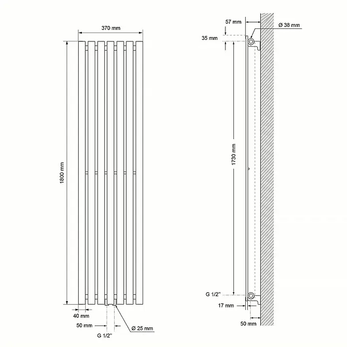 LuxeBath Badheizkörper Design Handtuchheizkörper Handtuchwärmer Mittelanschluss Radiator - B x H: 37 x 180 cm, Weiß - Detailansicht eines Heizkörpers mit Maßangaben, inklusive Höhe, Breite und Wandabstand für die Installation.