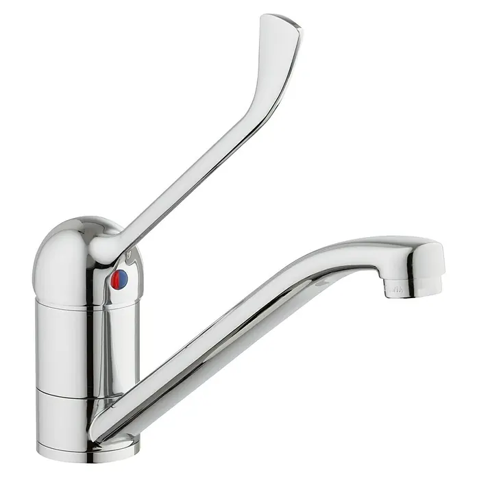 Camargue Vita Spültischarmatur - Chrom, Glänzend - Chromglänzender Wasserhahn mit Hebel und blau-roter Markierung für Kalt- und Warmwasser, ideal für moderne Küchen und Bäder.