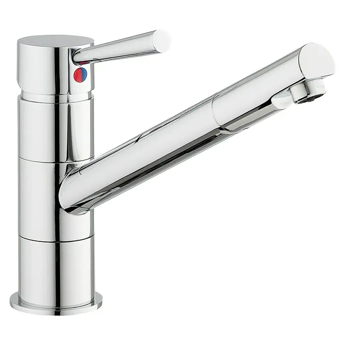 Camargue Merida Spültischarmatur - Niederdruck, Chrom, Glänzend - Bild einer glänzenden Chrom-Küchenarmatur mit Einhebelmischer für Heiß- und Kaltwasser, ideal für moderne Küchenspülen.