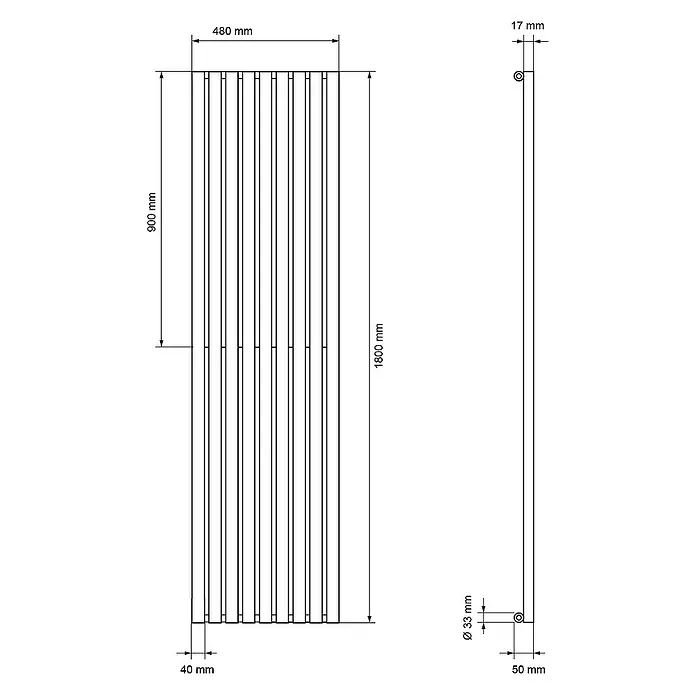 LuxeBath Badheizkörper Vertikal Paneelheizkörper Handtuchwärmer mit Eckform Thermostatventil - B x H: 48 x 180 cm, Weiß - Technische Zeichnung eines Heizkörpers mit Maßangaben zu Höhe, Breite und Tiefe, sowie Durchmesser der Anschlüsse.