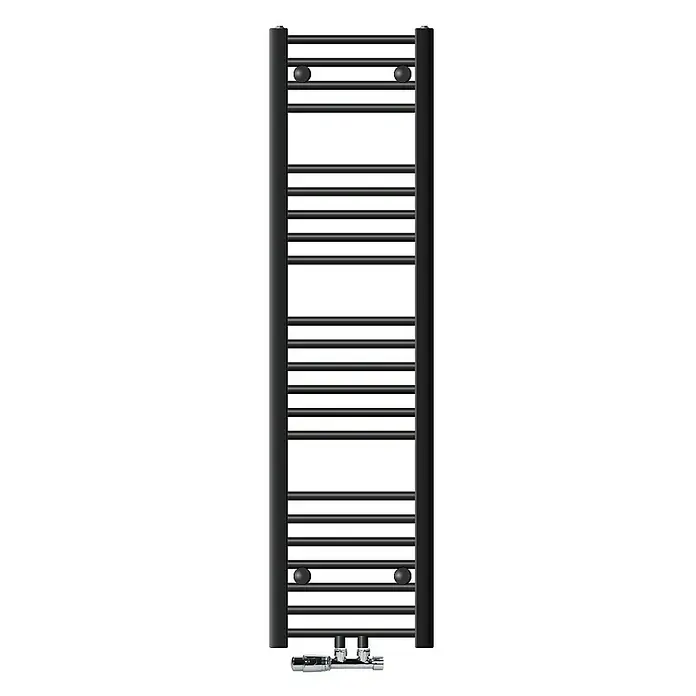 LuxeBath Badheizkörper Handtuchwärmer Mittelanschluss gerade mit Eckform Thermostatventil - B x H: 30 x 140 cm, Anthrazit - Ein schwarzer Handtuchwärmer mit horizontalen Sprossen und chromfarbenen Ventilen. Der Handtuchwärmer ist schlank und modern.