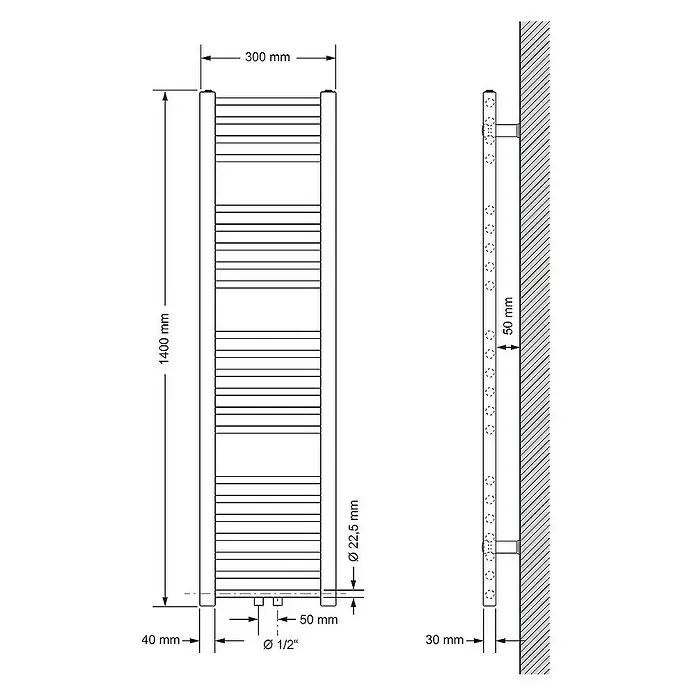 LuxeBath Badheizkörper Handtuchwärmer Mittelanschluss gerade mit Eckform Thermostatventil - B x H: 30 x 140 cm, Anthrazit - Technische Zeichnung eines beheizten Handtuchhalters mit Maßangaben zu Höhe, Breite, Durchmesser und Wandabstand.