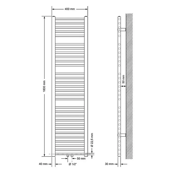 LuxeBath Badheizkörper Design Handtuchheizkörper Handtuchwärmer Mittelanschluss gerade 580 W - B x H: 40 x 180 cm, Weiß - Eine technische Zeichnung eines Handtuchwärmers mit Maßangaben zu Höhe, Breite und Durchmesser.