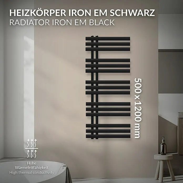 LuxeBath Badheizkörper Iron EM Heizkörper Handtuchtrockner Badezimmer Heizung für Handtücher - B x H: 50 x 120 cm, Schwarz - Produktbild eines Heizkörpers Iron EM in Schwarz, der an einer Wand montiert ist. Die Maße des Heizkörpers sind 500 x 1200 mm.