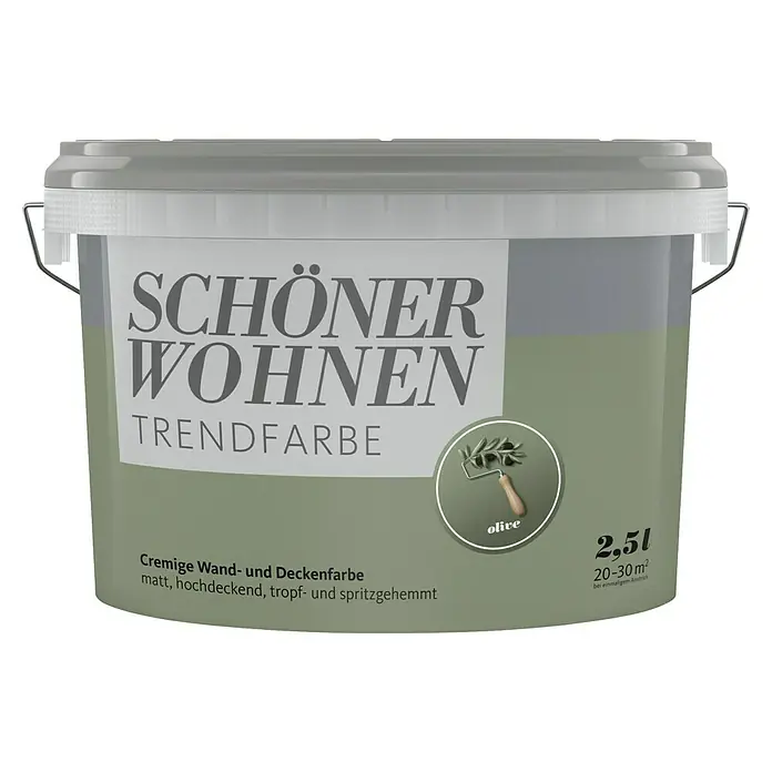 SCHÖNER WOHNEN-Farbe Wandfarbe Trendfarbe - Olive, Matt, 2,5 l, Konservierungsmittelfrei - Ein Eimer "Schöner Wohnen Trendfarbe" in Olivgrün, eine matte Wand- und Deckenfarbe mit hoher Deckkraft und Spritzschutz, Füllmenge 2,5 Liter.