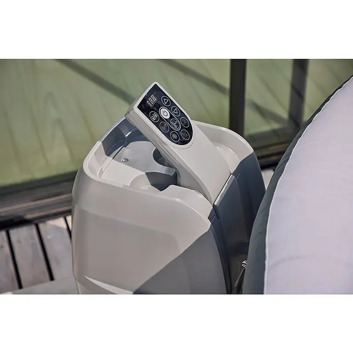 Bestway Lay-Z-Spa Mobil-Whirlpool Miami Air-Jet - Ø x H: 180 x 66 cm, Anthrazit, 669 l - Nahaufnahme der Steuerungseinheit eines aufblasbaren Whirlpools mit digitalem Display und Bedienknöpfen.