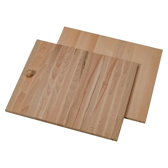 Regalux Regaltür & Rückwand-Set - 41,5 x 34,5 cm, Buche - Zwei Holztabletts, eines mit einem Knopf, die die natürliche Holzmaserung und Textur zeigen.