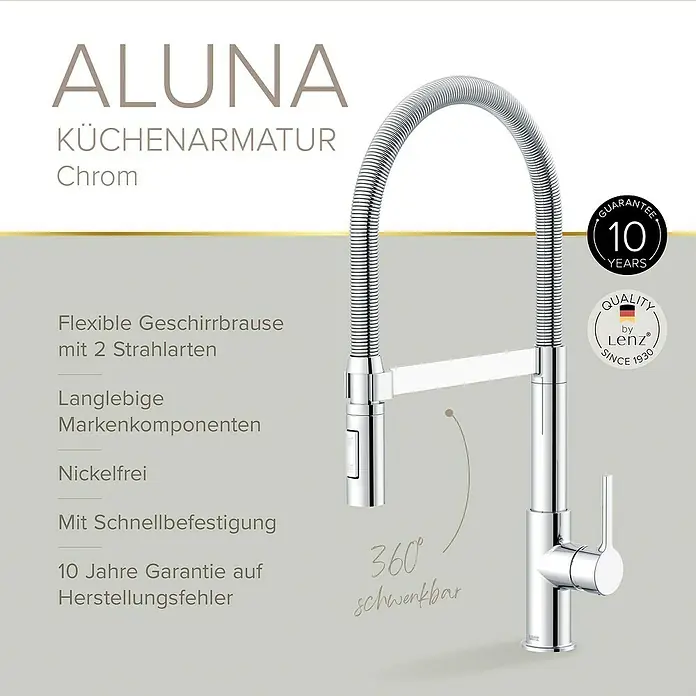 Lenz Spültischarmatur Aluna - Chrom, Glänzend - Abbildung einer verchromten Küchenarmatur Aluna mit flexiblem Geschirrbrause und 10 Jahre Garantie auf Herstellungsfehler.