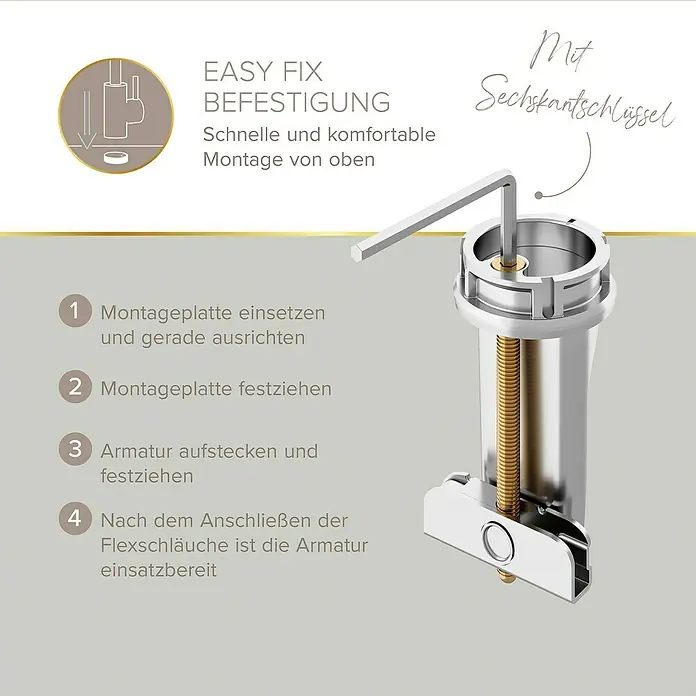 Lenz Bow Waschtischarmatur 2 - Schwarz, Matt - Eine Nahaufnahme einer Armatur mit „Easy Fix“-Befestigungssystem, das eine einfache und schnelle Montage von oben ermöglicht.