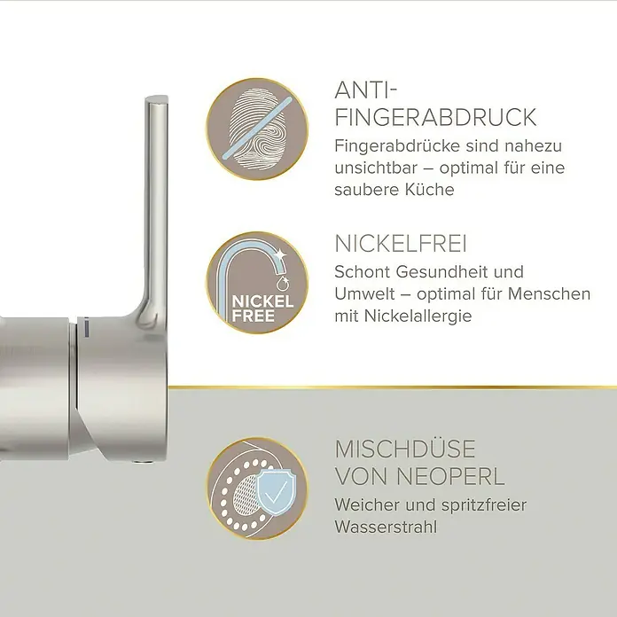 Lenz Spültischarmatur Aluna - Edelstahl, Matt - Nahaufnahme einer Armatur mit Hinweisen zu Anti-Fingerabdruck, Nickelfreiheit und Mischdüse von Neoperl.