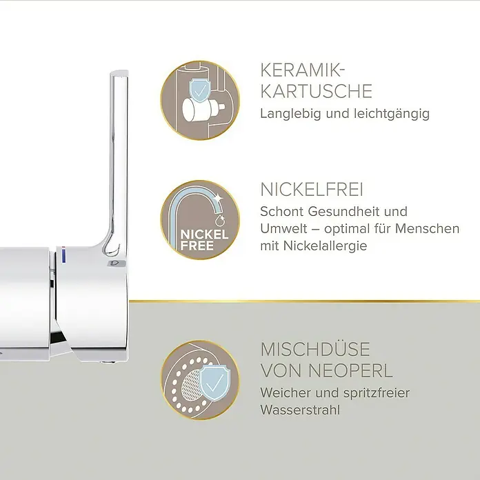 Lenz Spültischarmatur Aluna - Chrom, Glänzend - Detailansicht eines Wasserhahns, der Keramik-Kartusche, Nickelfreiheit und eine Mischdüse von Neoperl hervorhebt.