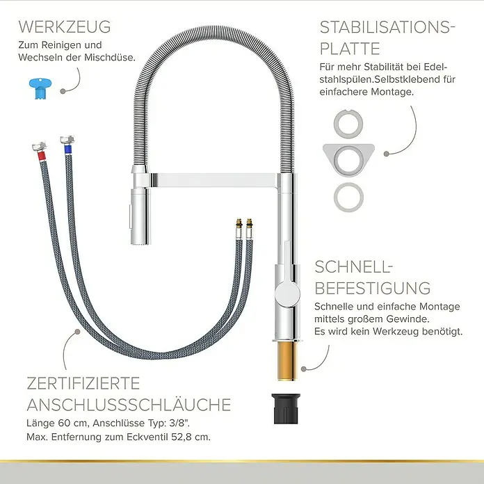 Lenz Spültischarmatur Aluna - Chrom, Glänzend - Abbildung eines Spültisch Wasserhahns mit Zubehör, einschließlich Werkzeug, Stabilisierungsplatte und Anschlussschläuche.