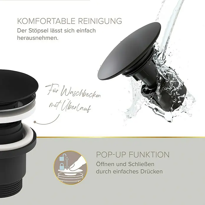 Lenz Bow Waschtischarmatur 2 - Schwarz, Matt - Schwarzer Waschbeckenstöpsel mit Pop-up-Funktion für einfache Reinigung und Bedienung mit Überlauf.