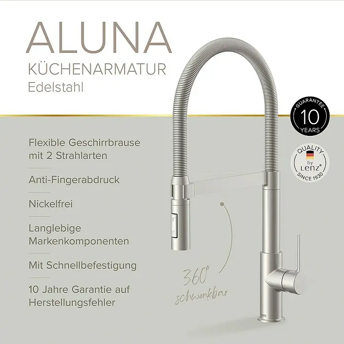Lenz Spültischarmatur Aluna - Edelstahl, Matt - Das Bild zeigt eine Küchenarmatur "Aluna" aus Edelstahl mit flexiblem Geschirrbrausekopf, die mit 10 Jahren Garantie angeboten wird.