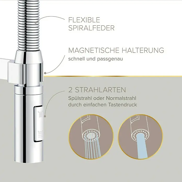 Lenz Spültischarmatur Aluna - Chrom, Glänzend - Detailaufnahme einer Küchenarmatur mit flexiblem Spiralschlauch, magnetischer Halterung und zwei Strahlarten für Spül- oder Normalstrahl.