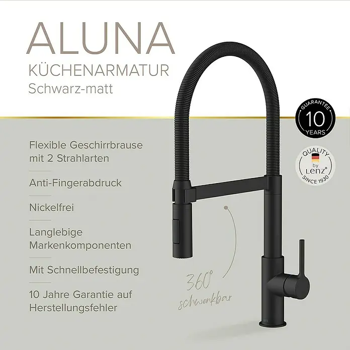 Lenz Spültischarmatur Aluna - Schwarz, Matt - Schwarze Küchenarmatur Aluna mit flexiblem Schlauch und 360°-Schwenkbereich, ideal für jede Spüle. Mit 10 Jahren Garantie.