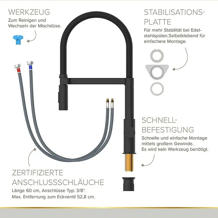 Lenz Spültischarmatur Aluna - Schwarz, Matt - Eine Küchenarmatur mit flexibler Brause, Stabilisierungsplatte und Schnellbefestigung für einfache Montage.