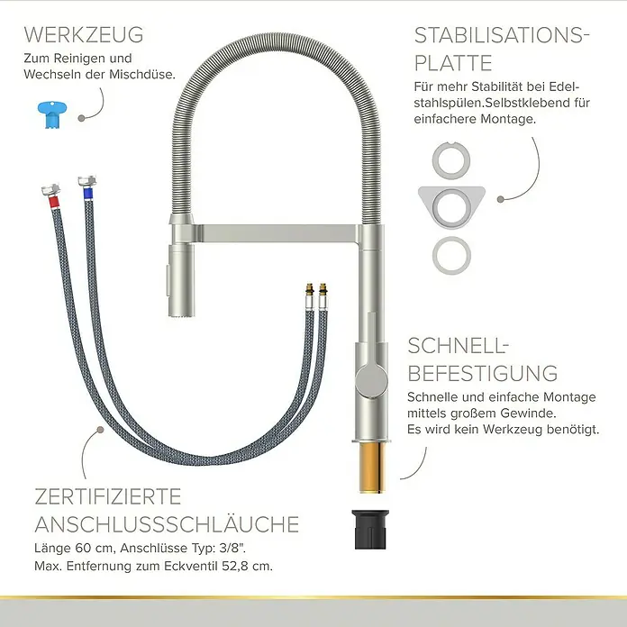 Lenz Spültischarmatur Aluna - Edelstahl, Matt - Abbildung einer Küchenarmatur mit flexiblem Auslauf, inklusive Werkzeug, Stabilisierungsplatte und Schnellbefestigung.