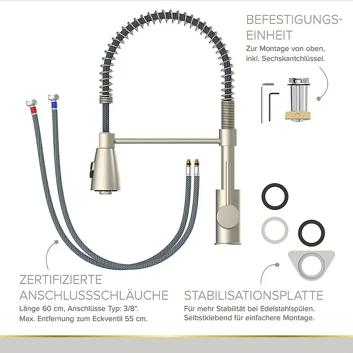 Lenz Spültischarmatur Kalani 2 - Nickel, Matt, Höhe: 46 cm, Messing - Produktbild einer Küchenarmatur mit Zubehör und Beschriftungen der Produktmerkmale.