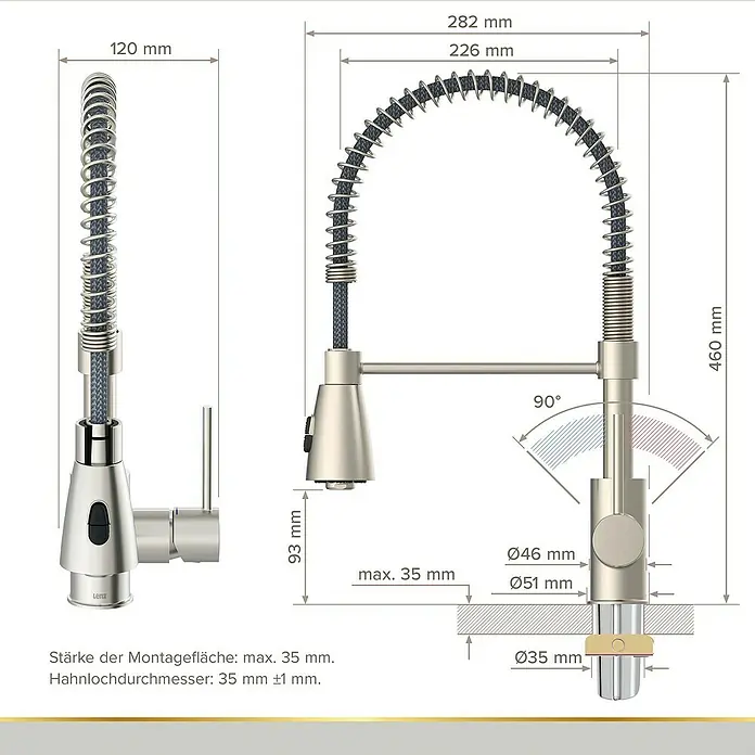 Lenz Spültischarmatur Kalani 2 - Nickel, Matt, Höhe: 46 cm, Messing - Abbildung einer Küchenarmatur der Marke Lenz mit den entsprechenden Abmessungen für die Installation.