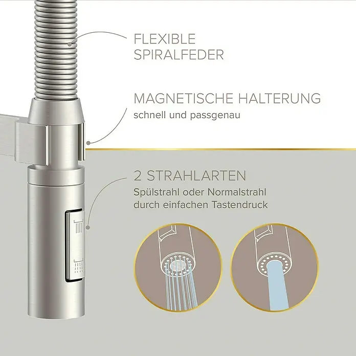 Lenz Spültischarmatur Aluna - Edelstahl, Matt - Detailaufnahme einer Küchenarmatur mit flexiblem Spiralschlauch, magnetischer Halterung und zwei Strahlarten.