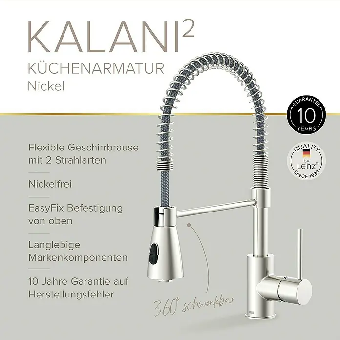 Lenz Spültischarmatur Kalani 2 - Nickel, Matt, Höhe: 46 cm, Messing - Abbildung einer Küchenarmatur Kalani2 aus Nickel mit flexibler Geschirrbrause, EasyFix Befestigung und 10 Jahre Garantie.