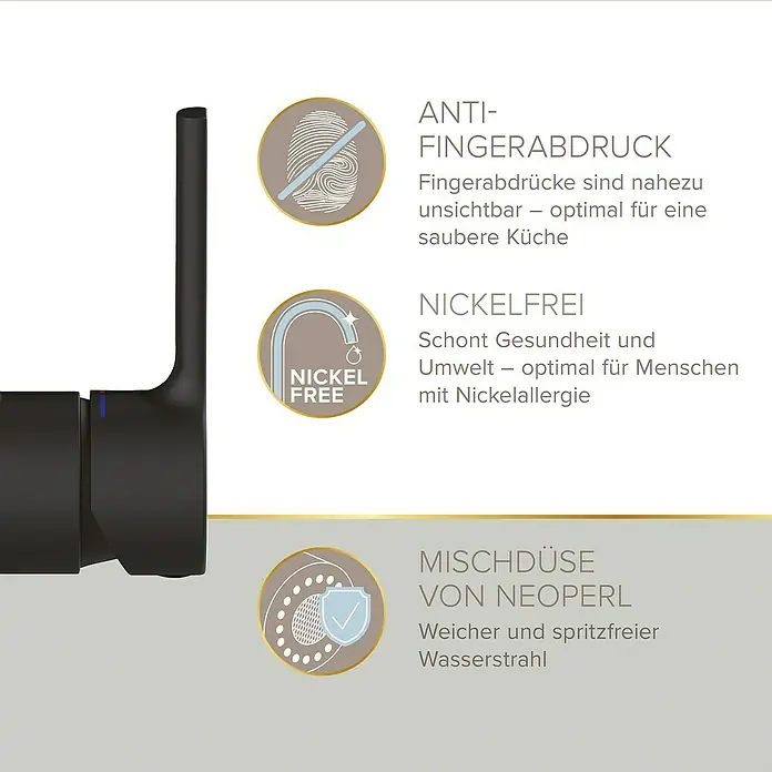 Lenz Spültischarmatur Aluna - Schwarz, Matt - Küchenarmatur mit Anti-Fingerabdruck-Beschichtung, nickelfrei und mit Mischdüse für weichen Wasserstrahl für eine saubere Küche.