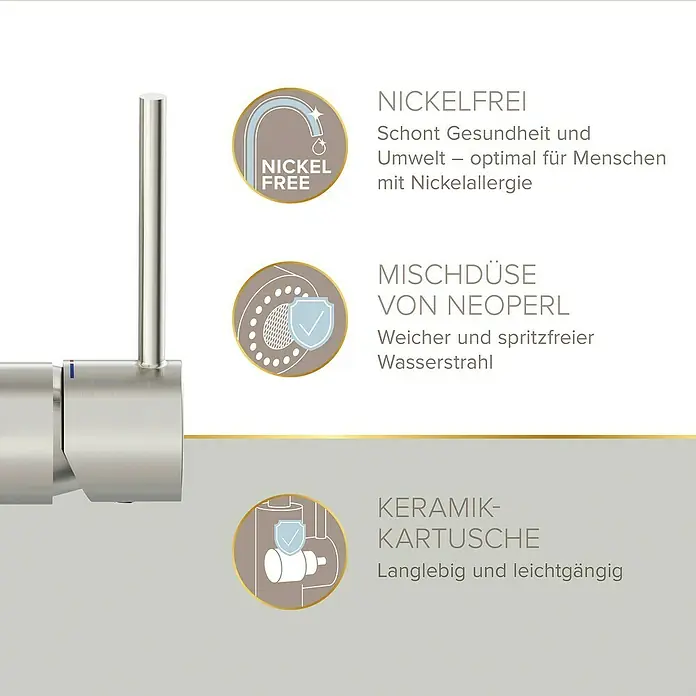 Lenz Spültischarmatur Kalani 2 - Nickel, Matt, Höhe: 46 cm, Messing - Abbildung einer Armatur mit Hinweisen auf Nickelfreiheit, Mischdüse von Neoperl und Keramik-Kartusche für hohe Qualität.