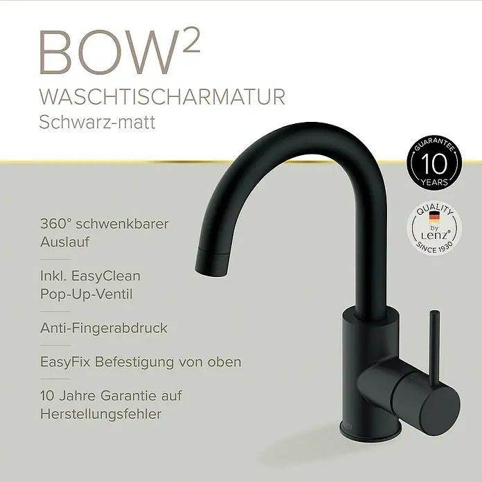 Lenz Bow Waschtischarmatur 2 - Schwarz, Matt - Abbildung einer BOW² Waschtischarmatur in Schwarz-Matt, die mit einer 10-Jahres-Garantie und Qualitätszertifikat von Lenz ausgestattet ist.