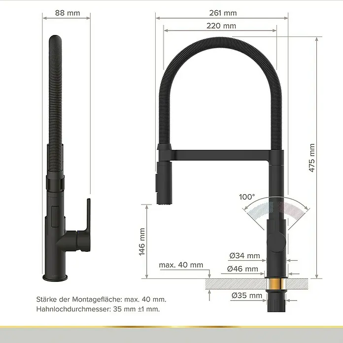 Lenz Spültischarmatur Aluna - Schwarz, Matt - Eine technische Zeichnung einer schwarzen Küchenarmatur mit den Maßen 88 mm, 261 mm, 220 mm und 475 mm für eine optimale Küchenplanung.