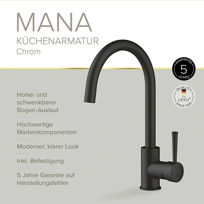 Lenz Spültischarmatur Mana - Schwarz, Matt - Abgebildet ist eine schwarze MANA Küchenarmatur aus Chrom mit hohem, schwenkbarem Auslauf und 5 Jahren Garantie.