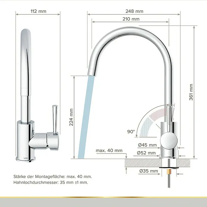 Lenz Spültischarmatur Mana - Chrom, Glänzend - Abbildung einer Küchenarmatur mit Maßangaben zu Höhe, Ausladung und Durchmesser der einzelnen Elemente für Installationszwecke.