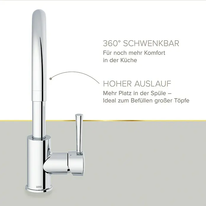 Lenz Spültischarmatur Mana - Chrom, Glänzend - Abbildung eines modernen, verchromten Küchenarmatur mit hohem Auslauf und schwenkbarem Design für mehr Komfort.