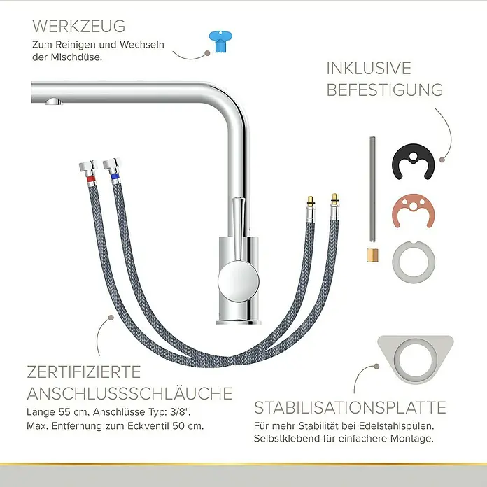 Lenz Spültischarmatur Olina - Chrom, Glänzend, Höhe: 27,7 cm, Messing - Produktabbildung einer Küchenarmatur mit Zubehör zur Installation und Reinigung.