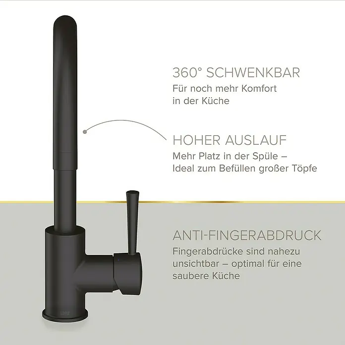 Lenz Spültischarmatur Mana - Schwarz, Matt - Hier ist eine Nahaufnahme einer schwarzen Küchenarmatur mit den Eigenschaften des Produkts hervorgehoben.