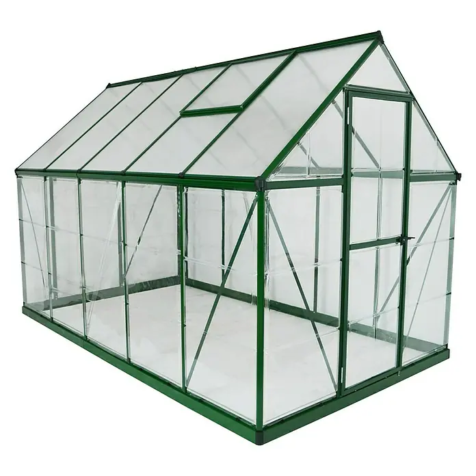 Palram – Canopia Gewächshaus Hybrid - Außenmaß inkl. Dachüberstand (B x T): 185 x 306 cm, Grün, Grundfläche: 5,7 m² - Ein geräumiges Gewächshaus mit grünen Rahmen und transparenten Wänden, ideal für den Gartenbau und Pflanzenanbau.