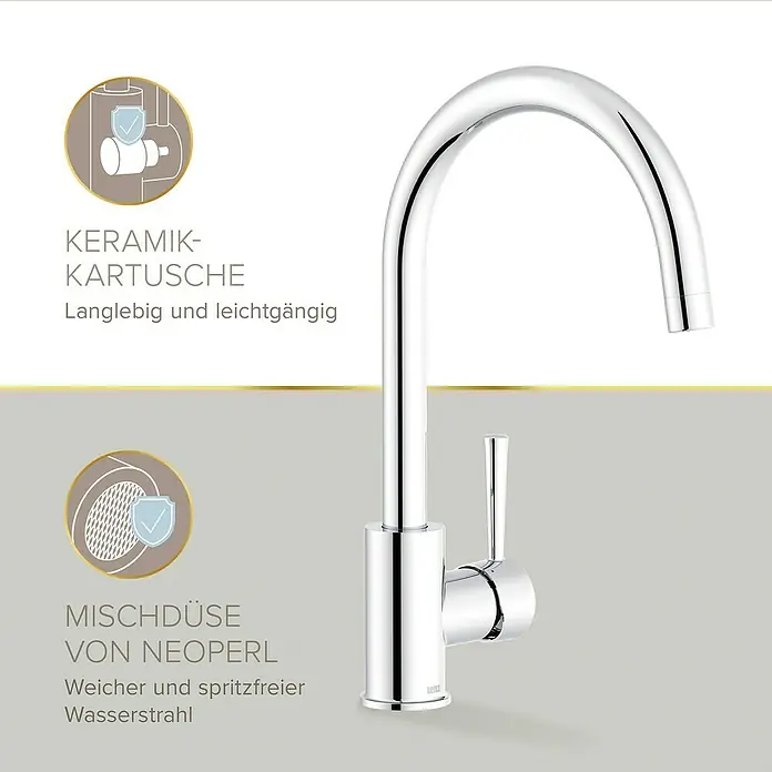 Lenz Spültischarmatur Mana - Chrom, Glänzend - Glänzender Wasserhahn mit Keramik-Kartusche und Neoperl Mischdüse für einen weichen Wasserstrahl.