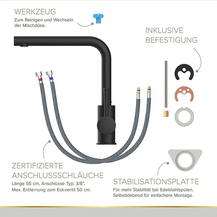 Lenz Spültischarmatur Olina - Schwarz, Matt, Höhe: 27,7 cm, Messing - Produktabbildung einer schwarzen Küchenarmatur mit Zubehör und Anschlussschläuchen, detailliert dargestellt für Installation und Wartung.