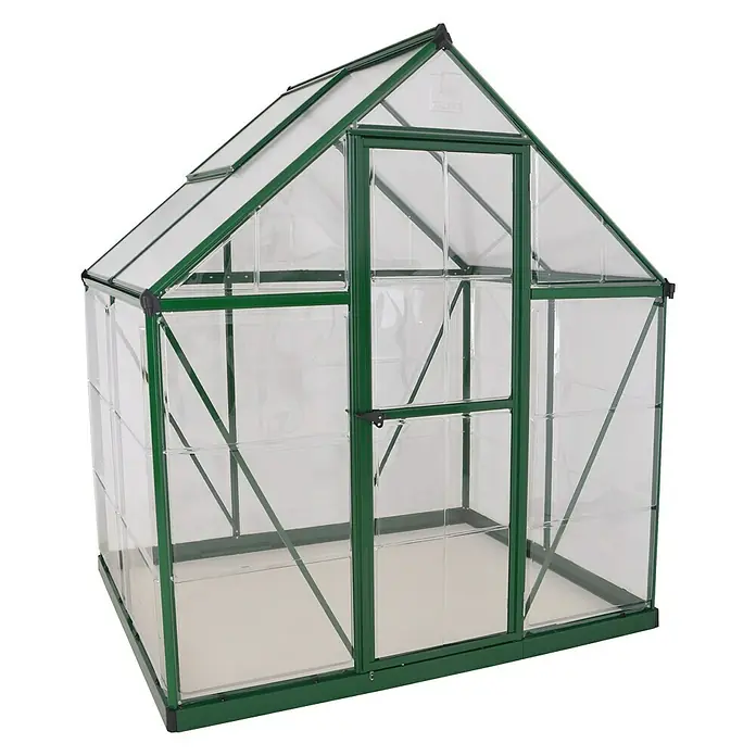 Palram – Canopia Gewächshaus Hybrid - Außenmaß inkl. Dachüberstand (B x T): 185 x 126 cm, 0,7 mm, Grün - Bild eines grünen Gewächshauses mit transparenten Paneelen.