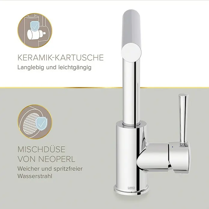 Lenz Spültischarmatur Olina - Chrom, Glänzend, Höhe: 27,7 cm, Messing - Bild einer glänzenden, silbernen LENZ Küchenarmatur mit Hinweisen auf Keramik-Kartusche und Neoperl-Mischdüse.
