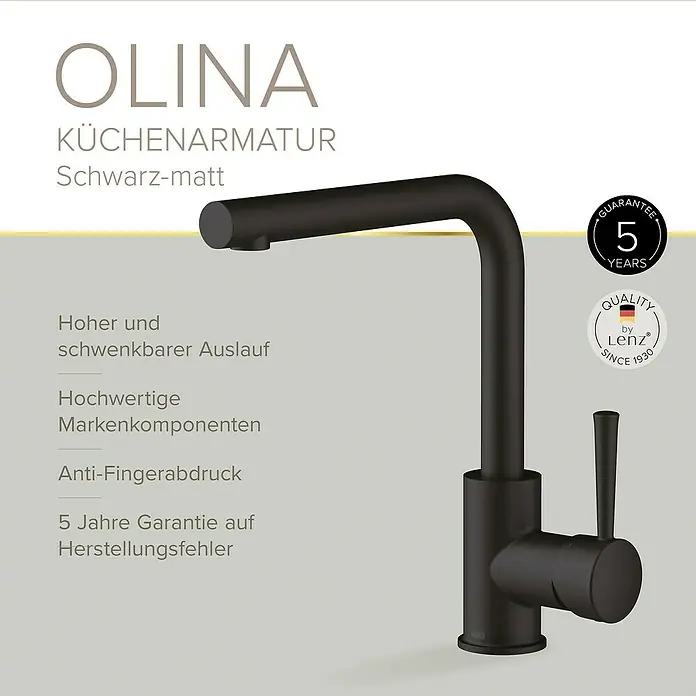 Lenz Spültischarmatur Olina - Schwarz, Matt, Höhe: 27,7 cm, Messing - Abbildung einer schwarzen Küchenarmatur der Marke Olina mit hohem, schwenkbarem Auslauf und Anti-Fingerabdruck-Beschichtung.