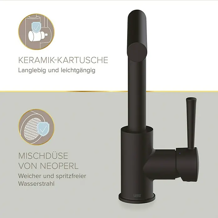 Lenz Spültischarmatur Olina - Schwarz, Matt, Höhe: 27,7 cm, Messing - Elegante schwarze Küchenarmatur mit keramischer Kartusche für Langlebigkeit und Neoperl-Mischdüse für spritzfreien Wasserstrahl.