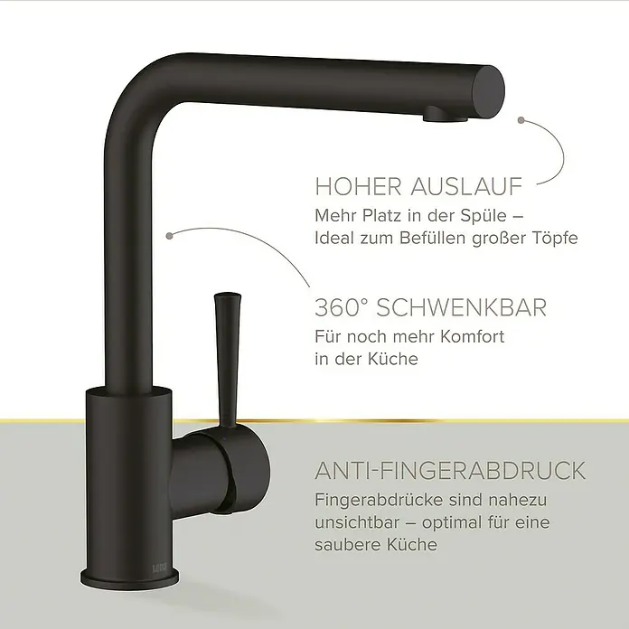 Lenz Spültischarmatur Olina - Schwarz, Matt, Höhe: 27,7 cm, Messing - Produktbild einer schwarzen Küchenarmatur mit hohem Auslauf, 360° schwenkbar und Anti-Fingerabdruck-Beschichtung für eine saubere Küche.